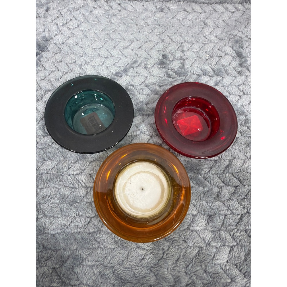 Crate & Barrel Glass Tealight Candle Holder Set 3 Amber Red Blue 579-963 594-164